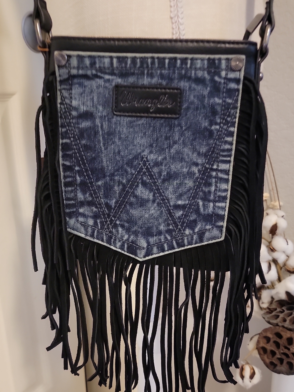 Wrangler Black Crossbody with Distressed Denim Pocket and Fringe. NWT